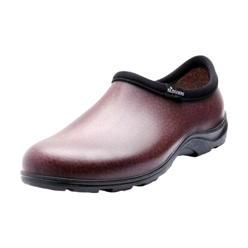 Brown waterproof slip-on garden shoe with cushioned black collar and durable treaded sole for outdoor use