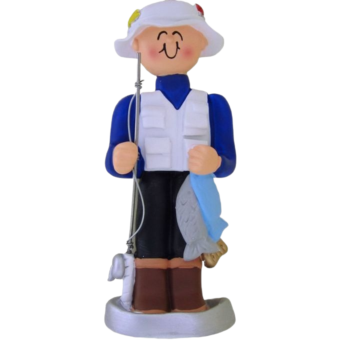 Cheerful fisherman figurine ornament holding fishing rod and blue fish for Christmas tree decorations under $50