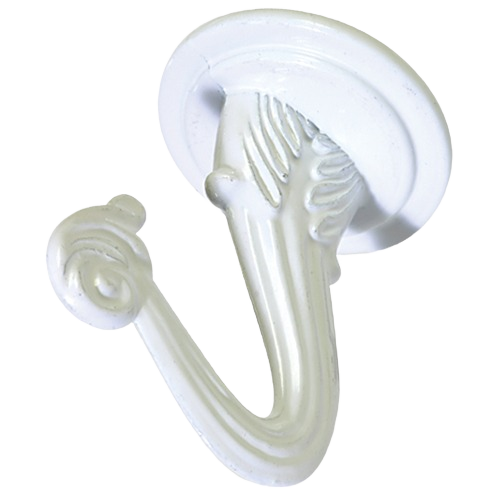 White decorative swag hook with ornate detailing, ideal for home improvement and window treatment accessories collections