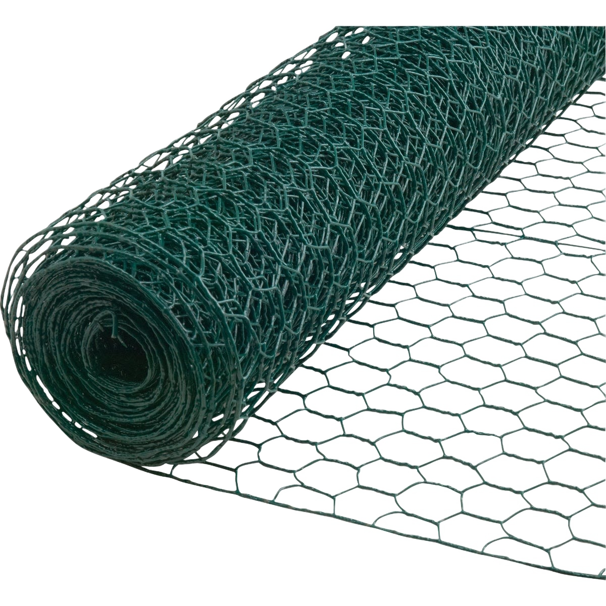 Rolled green vinyl coated poultry netting with hexagonal pattern for home improvement and outdoor use