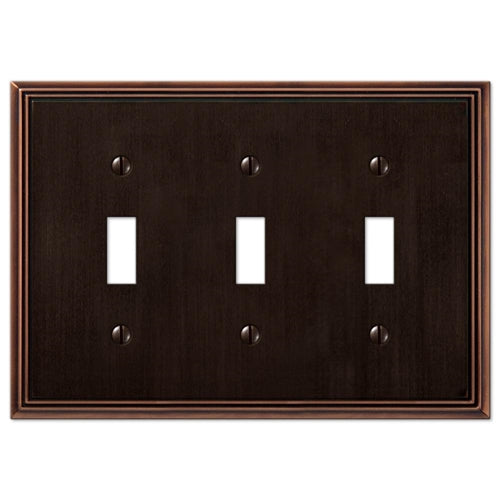 Three-toggle wallplate in aged bronze finish for electrical and toggle wall plate collections under $50