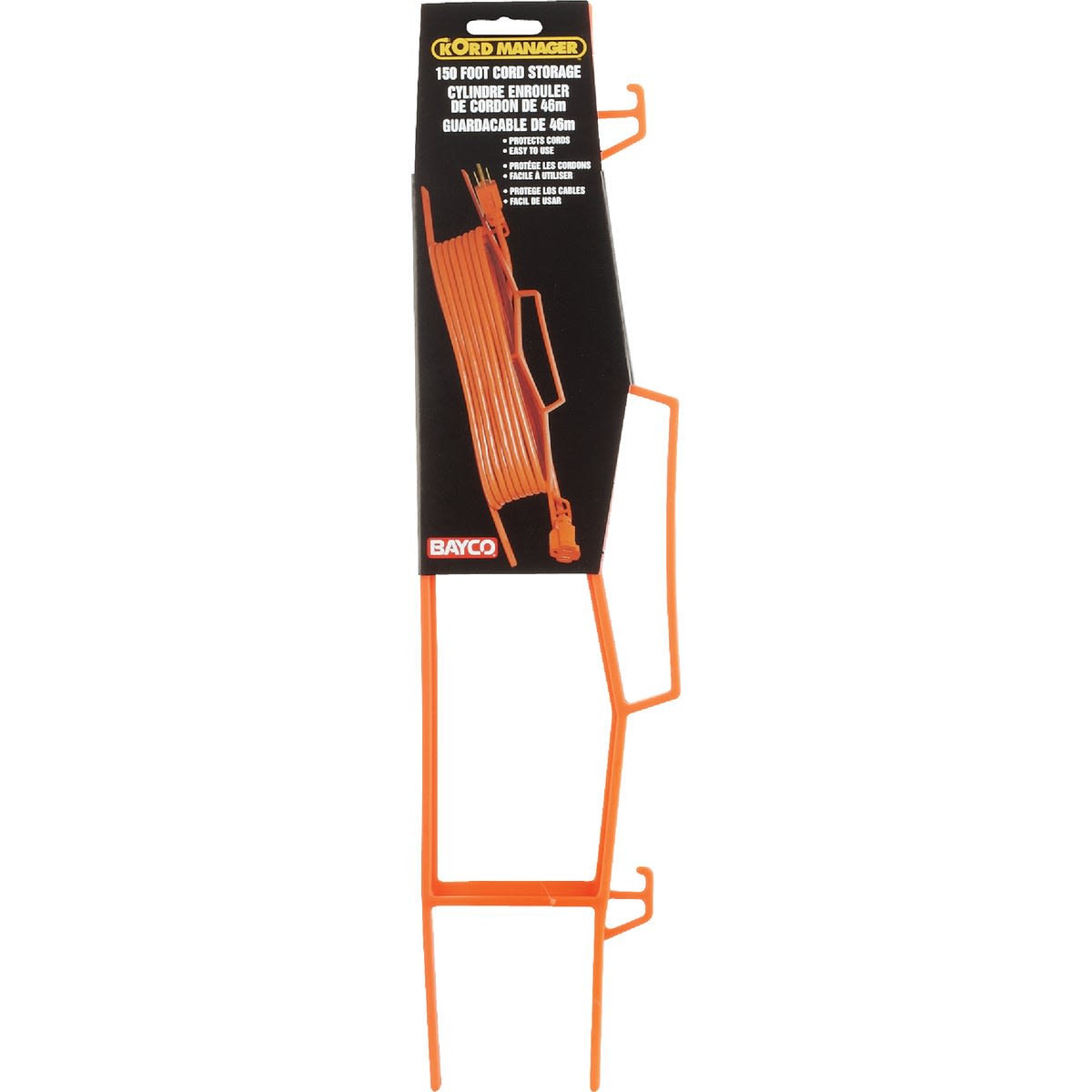 Orange metal cord holder with handle designed for organizing and storing up to 150 feet of cord in home improvement tools