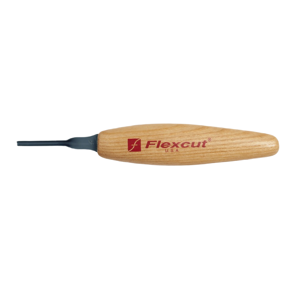 Woodworking hand tool with wooden handle and short 2mm shallow U-shaped blade for detailed carving and chiseling tasks