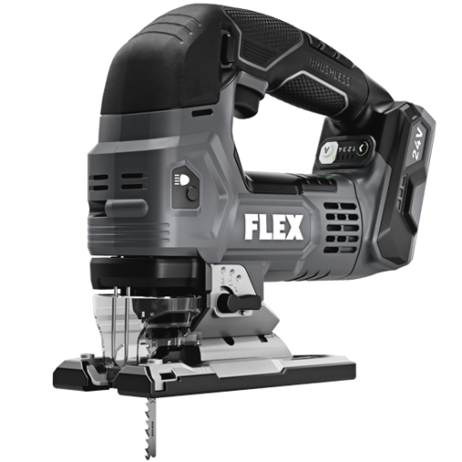 Cordless black and gray FLEX 24V brushless jigsaw with D-handle for precision cutting in woodworking tools collection