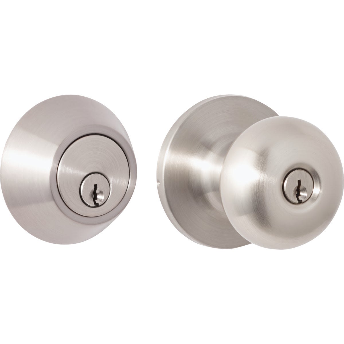 Brushed nickel deadbolt and door knob combo set for doors in hardware and home improvement collections