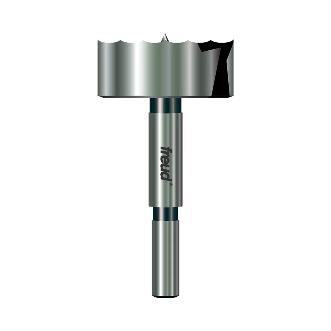 Freud branded metal Forstner drill bit with sharp cutting edges for precise holes in woodworking tools and home improvement