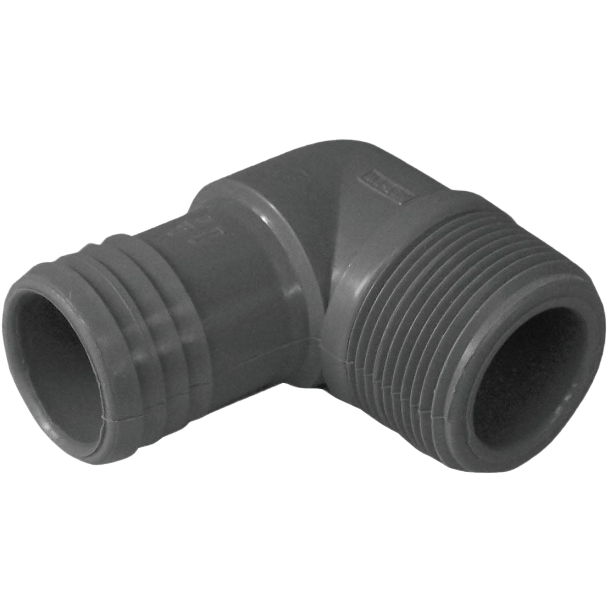 Gray polypropylene male 90-degree insert elbow fitting for plumbing, irrigation, and pipes & fittings projects