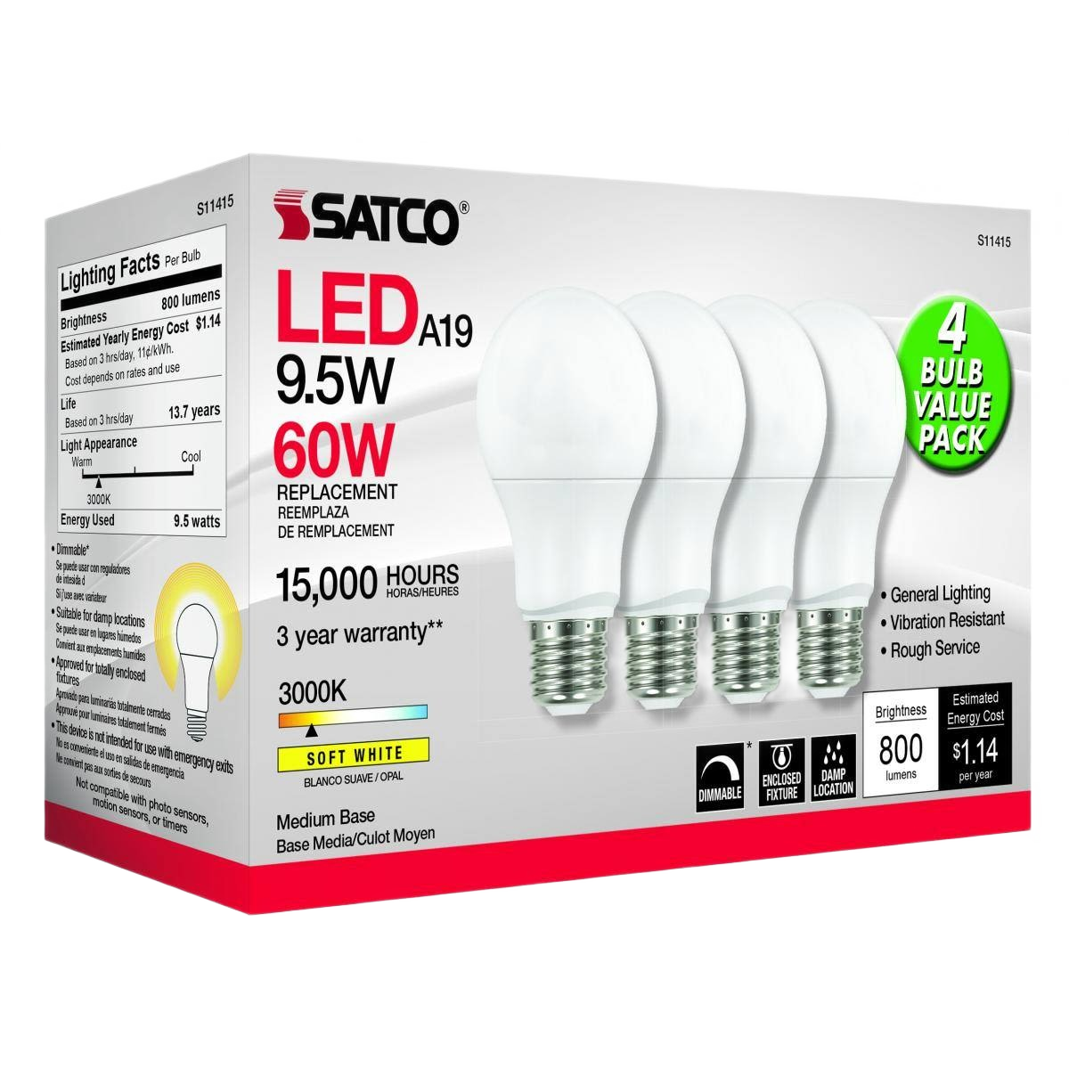 Pack of four soft white LED bulbs with medium bases, energy-efficient lighting for home improvement under $50 collections