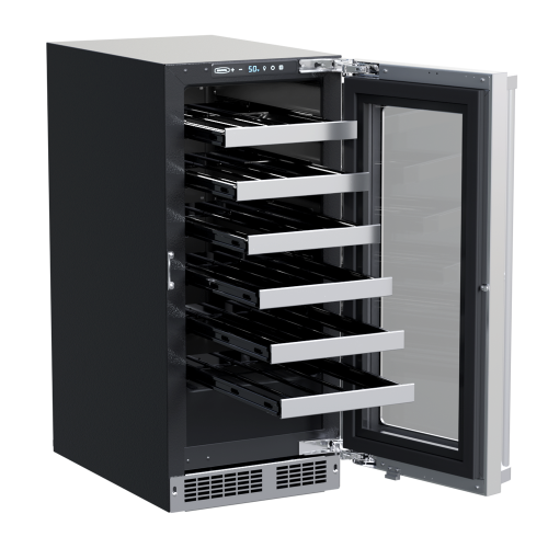 Compact built-in wine refrigerator with five sliding racks and glass door for kitchen and appliances collection