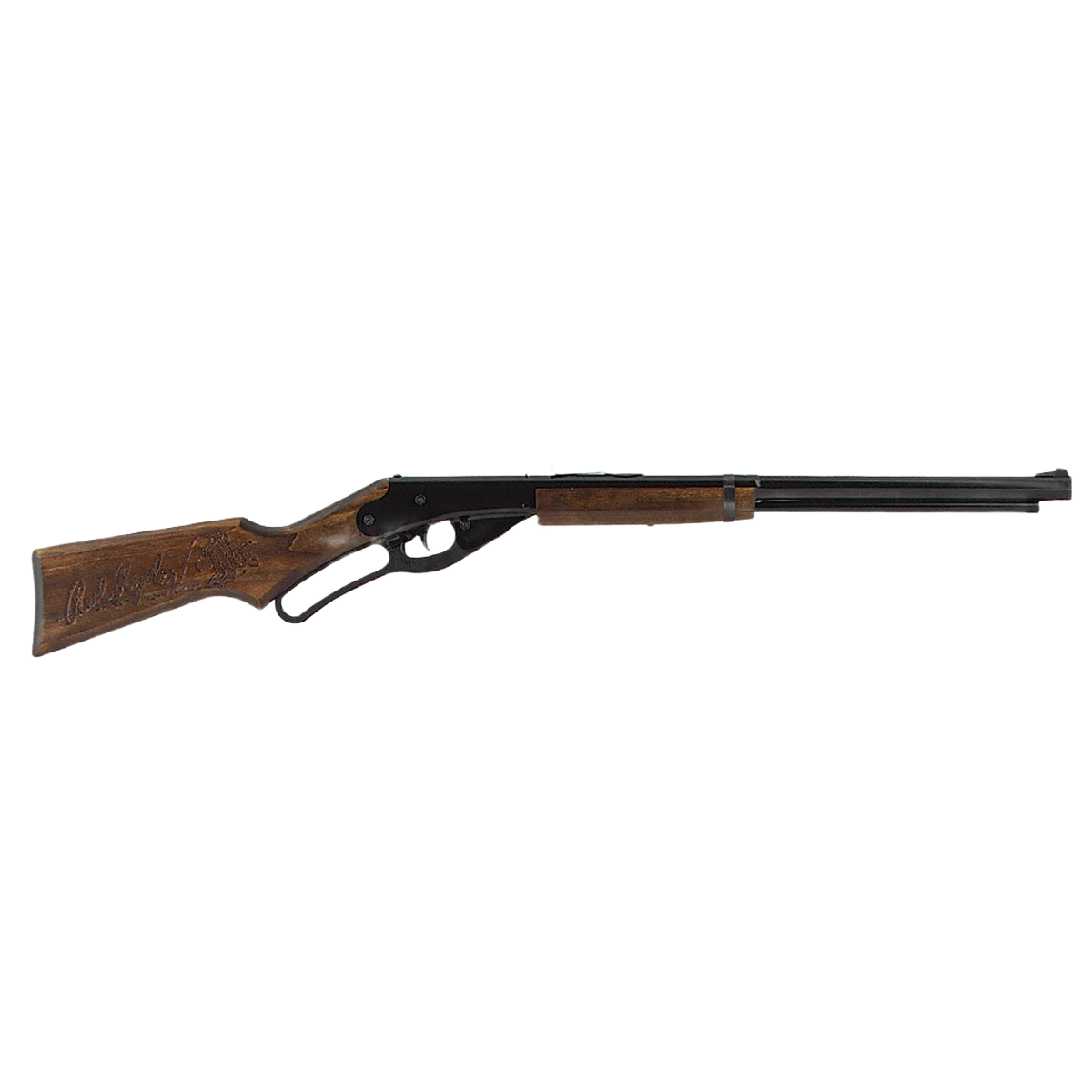 Red Ryder lever-action BB air rifle with wooden stock and black metal barrel designed for target shooting