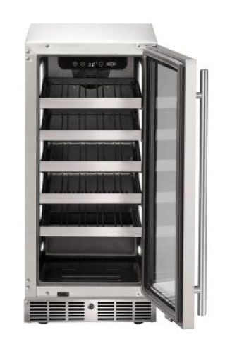 Open stainless steel 15 inch wine refrigerator with glass door and adjustable metal shelves in kitchen appliances collection