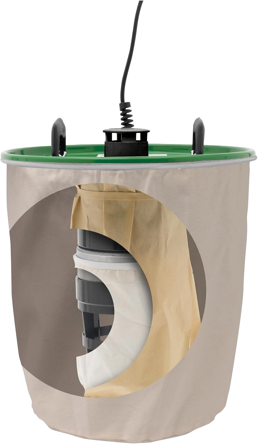Close-up view of a beige cyclonic dust extractor bag with a visible inner filter bag and a green lid featuring a black power cord, designed for woodworking dust collection tools.