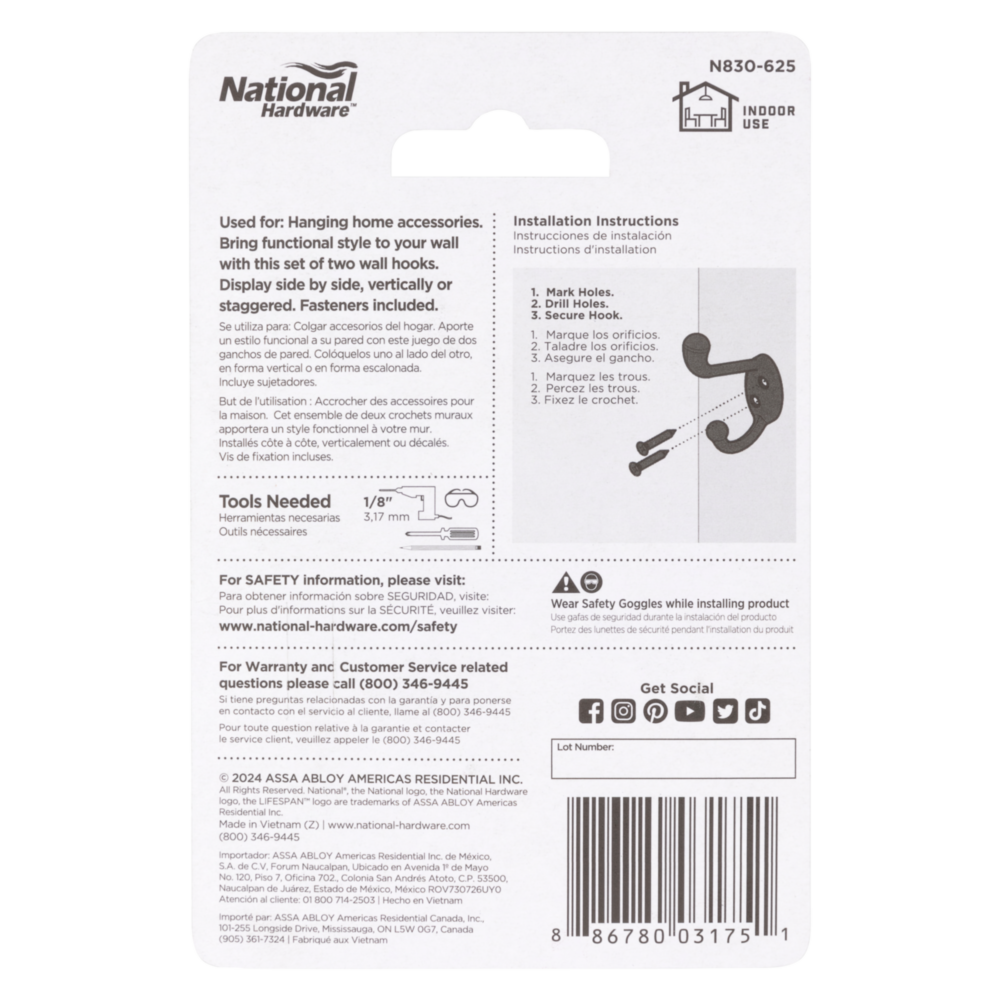 Packaging back of a matte black heavy duty coat hook showing installation steps and safety information for door accessories collections