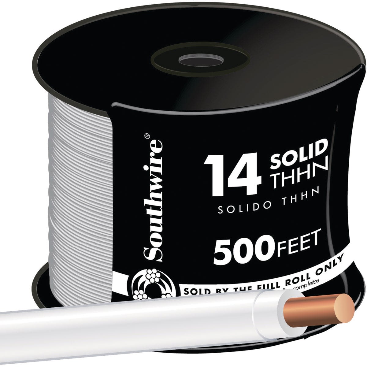 Spool of white 14 AWG solid THHN wire with copper conductor for electrical and home improvement projects