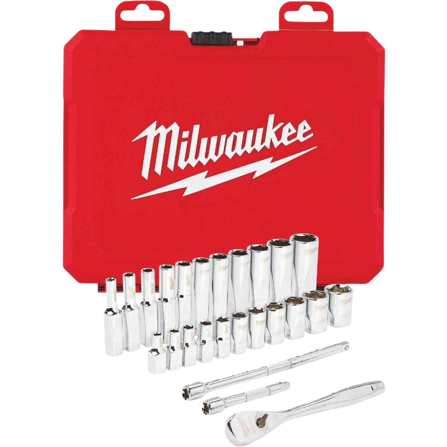 Red hard plastic tool case with Milwaukee logo and chrome ratchet and socket set in hand tool collections