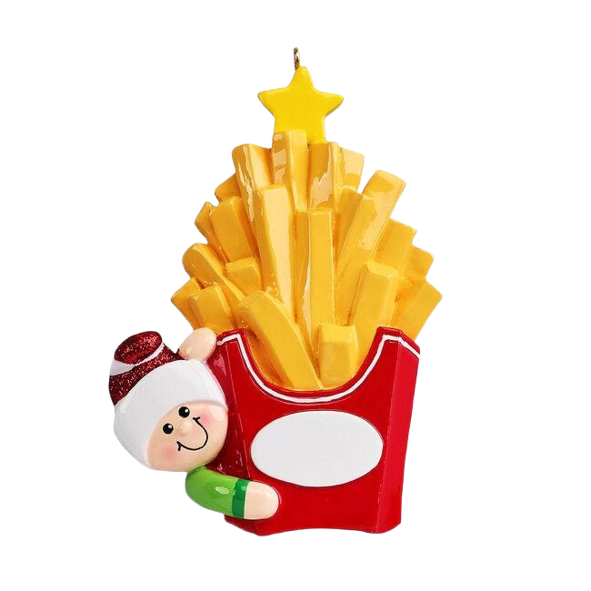 Festive fry lover ornament with happy figure hugging golden fries in red container for Christmas decorations under $50 collection
