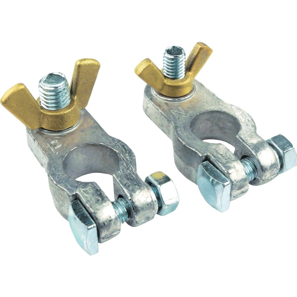 Pair of metal battery terminals with wing nut fasteners for secure electrical connections in automotive use