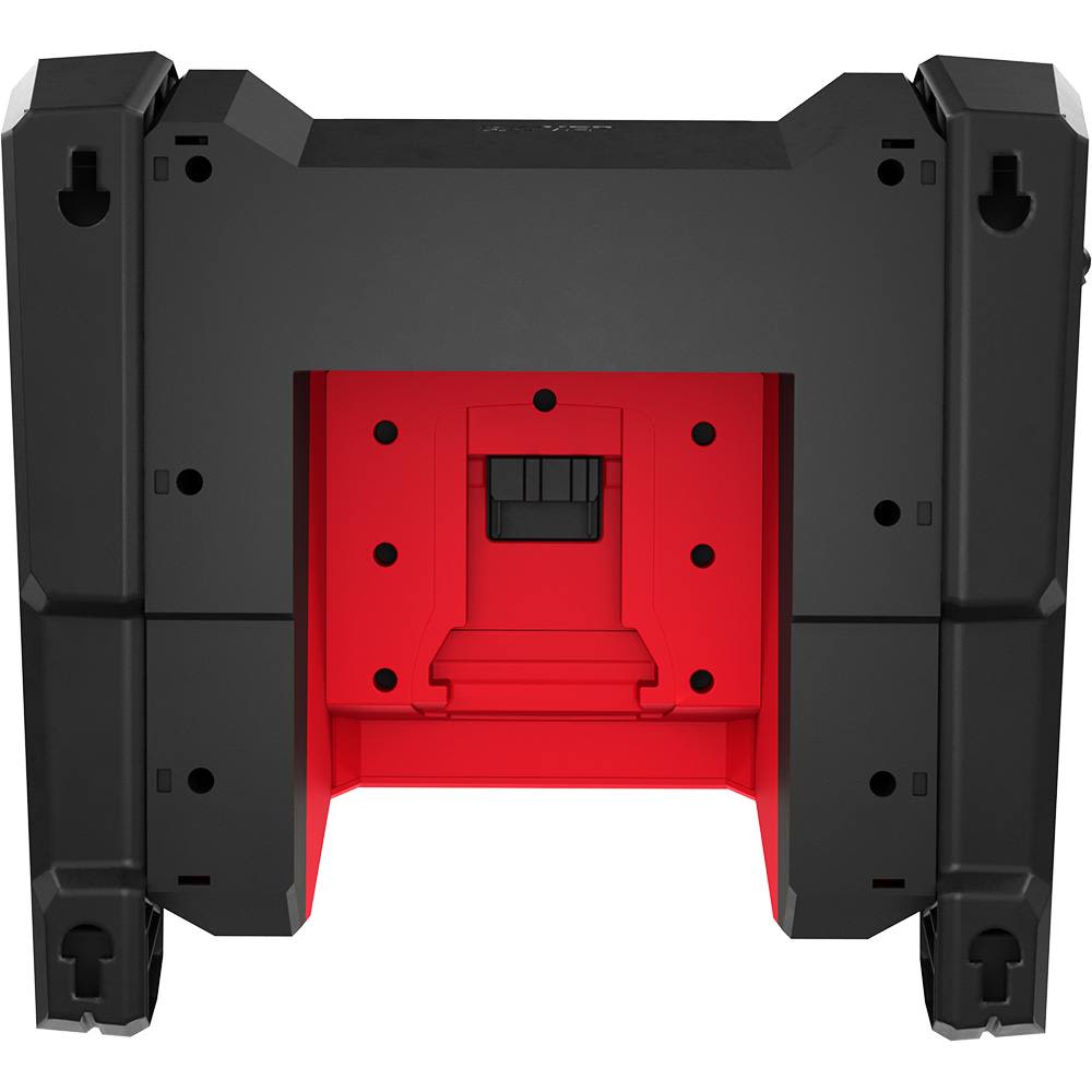 Black and red heavy-duty base frame for Milwaukee utility lighting with mounting holes for work light setup and home tools