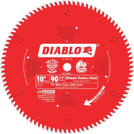 Red polished 10-inch circular saw blade with 90 teeth for miter and table saws in home improvement tasks