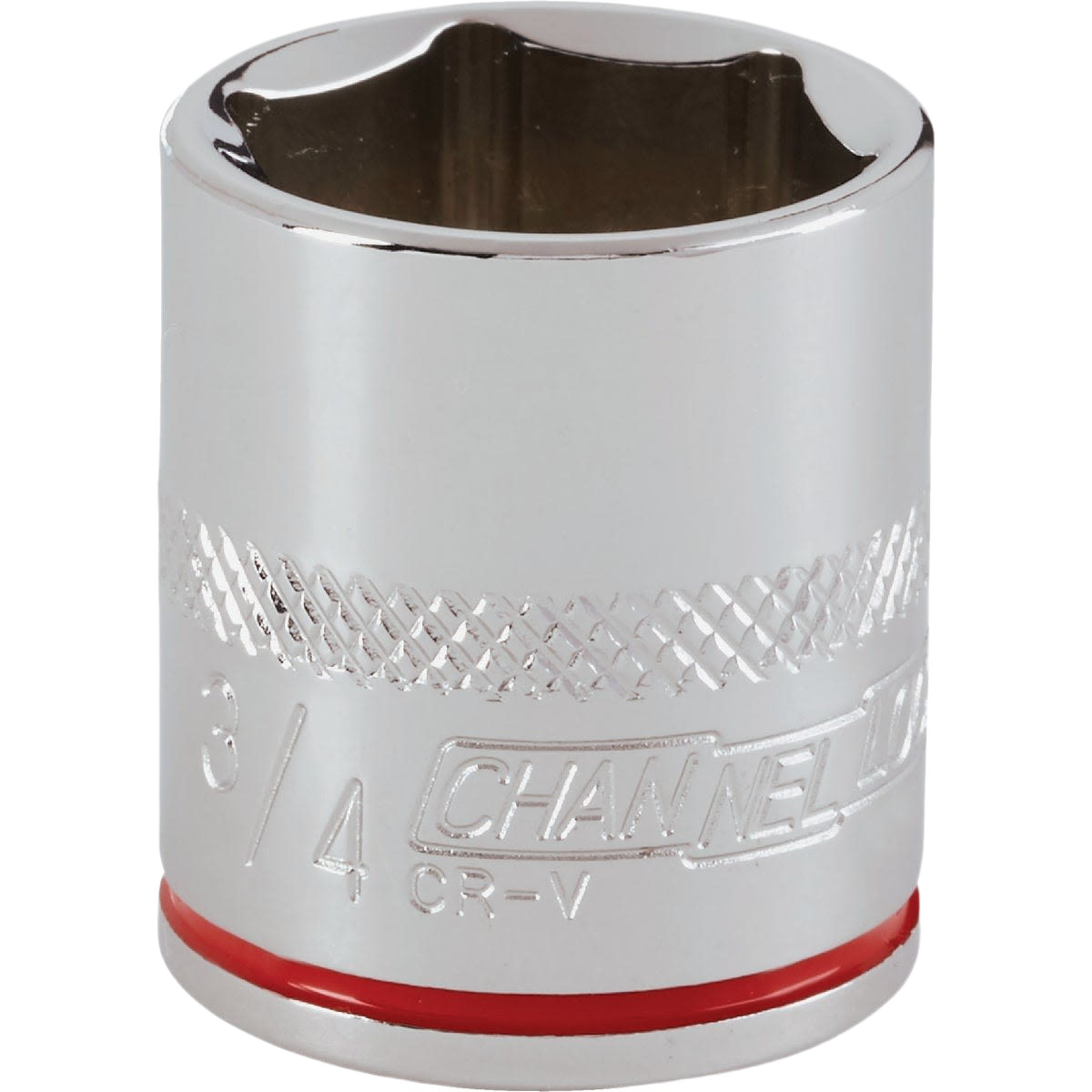 Chrome finish shallow socket with textured grip band and color-coded ring for easy size identification in hand tools collection