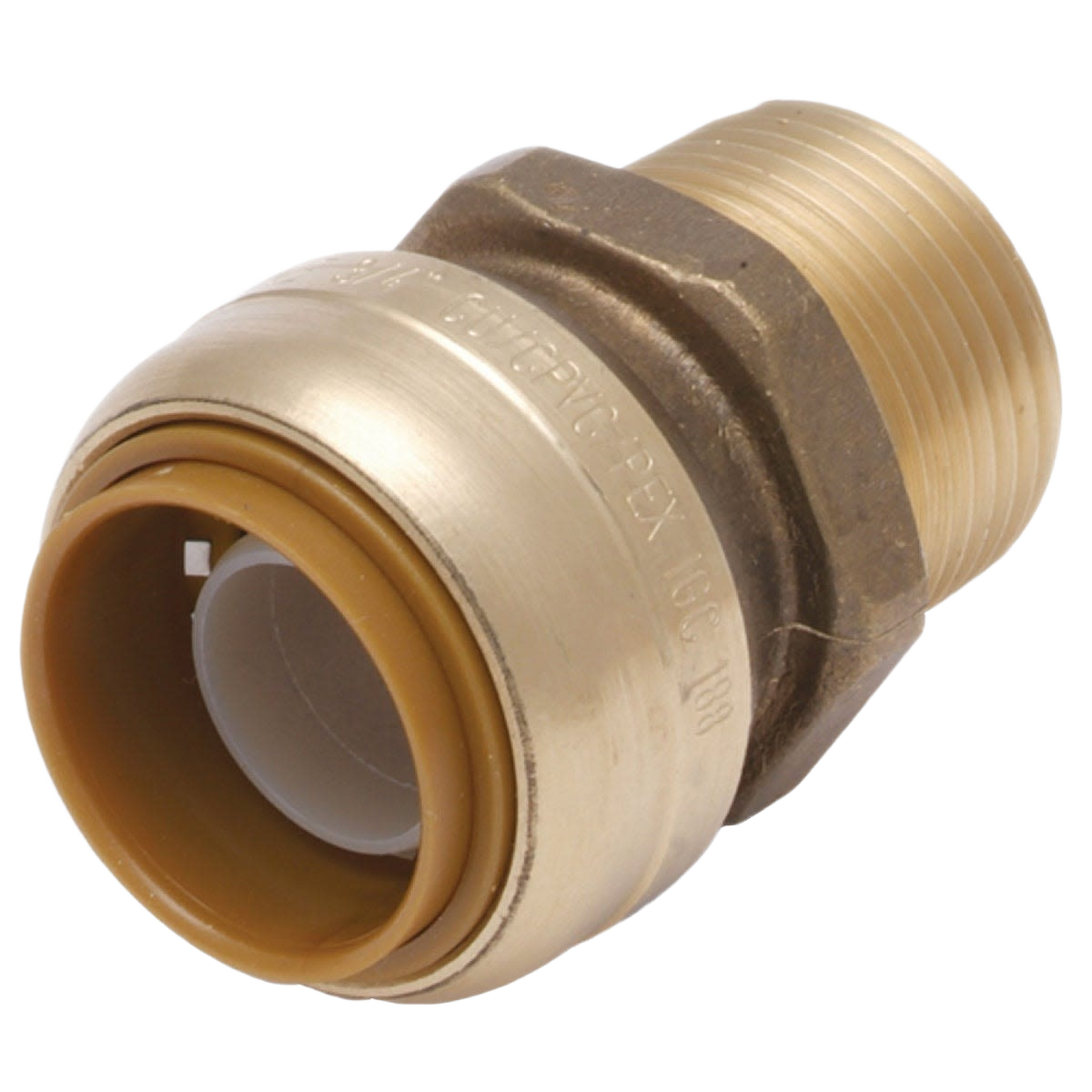 Brass push-to-connect reducing adapter for plumbing with threaded male end in pipes and fittings collection