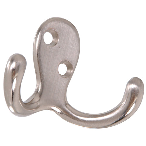 Satin nickel double clothes hook with rounded edges for versatile hanging in hardware and home improvement tools collection