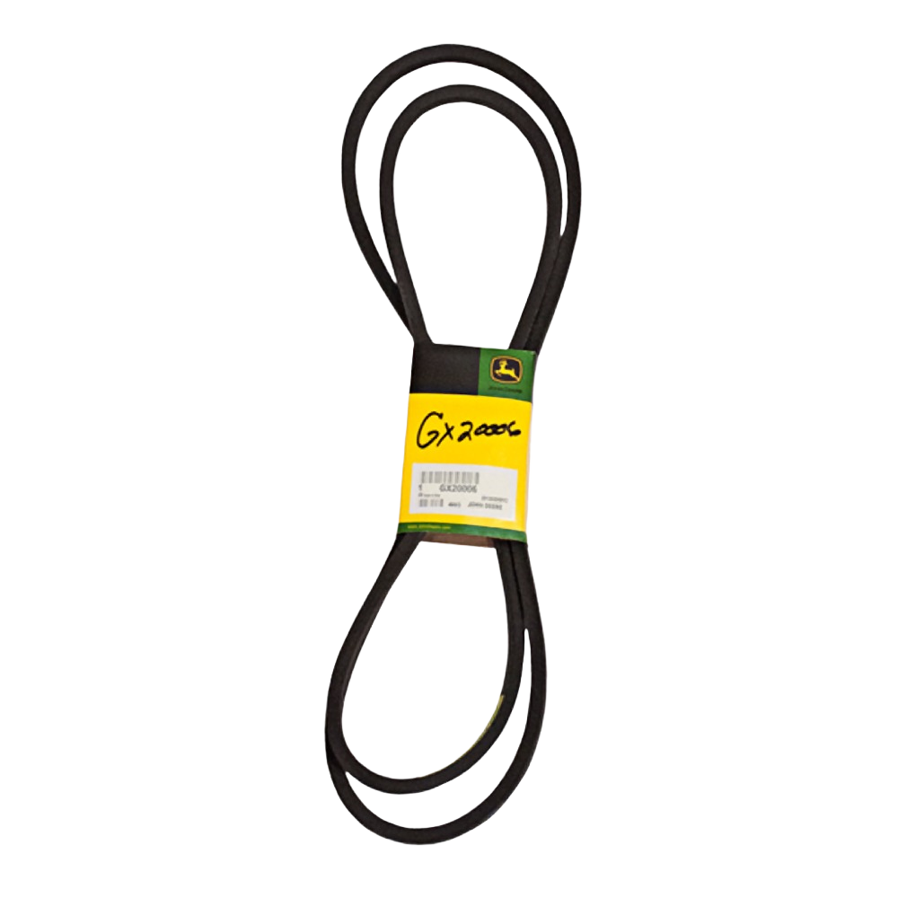 Black flat drive belt with green and yellow John Deere label for automotive and mechanic tool accessories under $50 collection