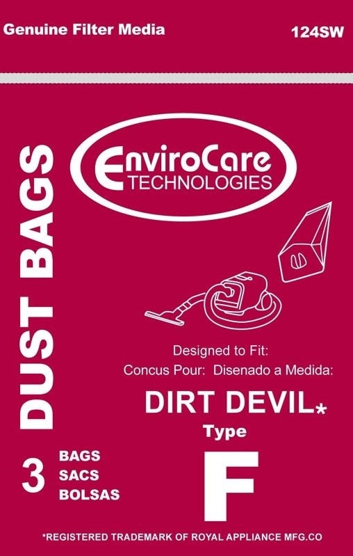 Red packaging for EnviroCare vacuum dust bags compatible with Dirt Devil Type F canister vacuum models, pack of three