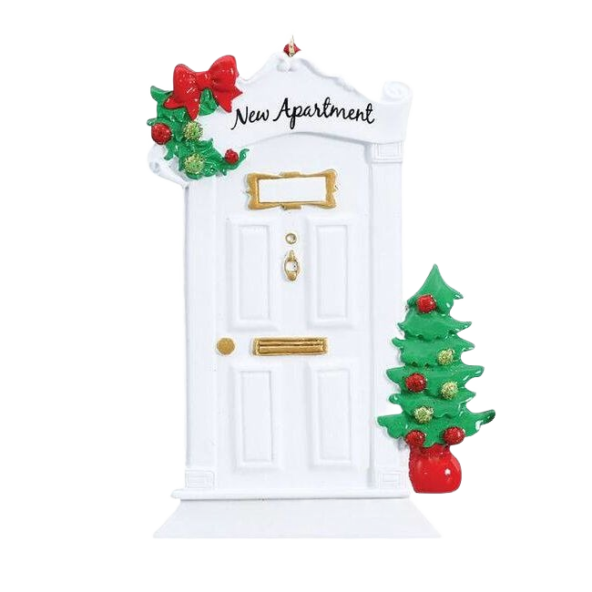 White decorative door ornament with holly wreath and small Christmas tree in holiday decorations under $50 collection