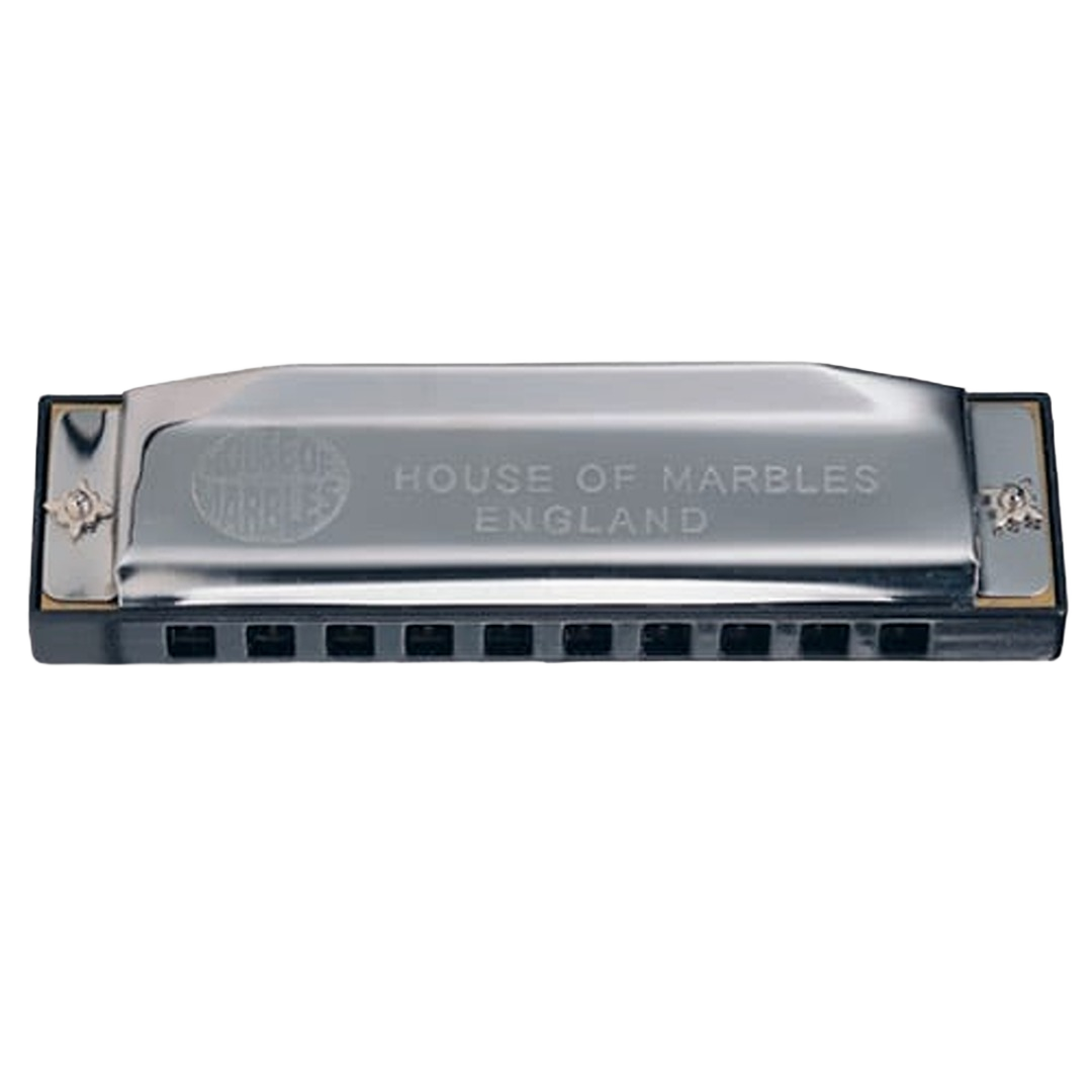 Metal harmonica with engraved House of Marbles logo and mouthpiece for musical instrument enthusiasts