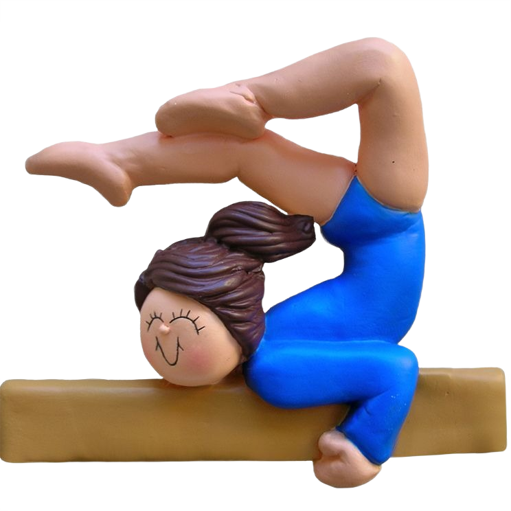 Brunette female gymnast figurine in blue leotard performing balance pose on beam in Christmas ornament collection