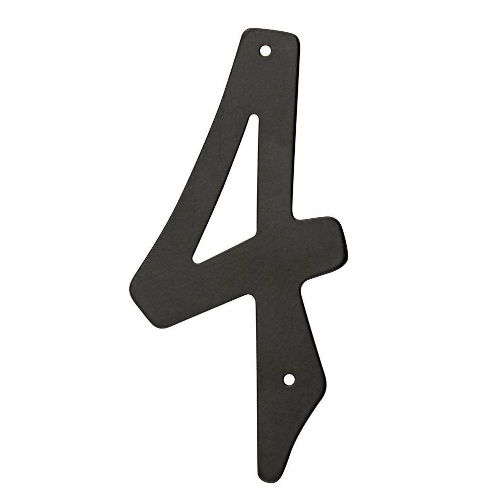 Black metal house number 4 with nail holes for easy mounting in home improvement projects