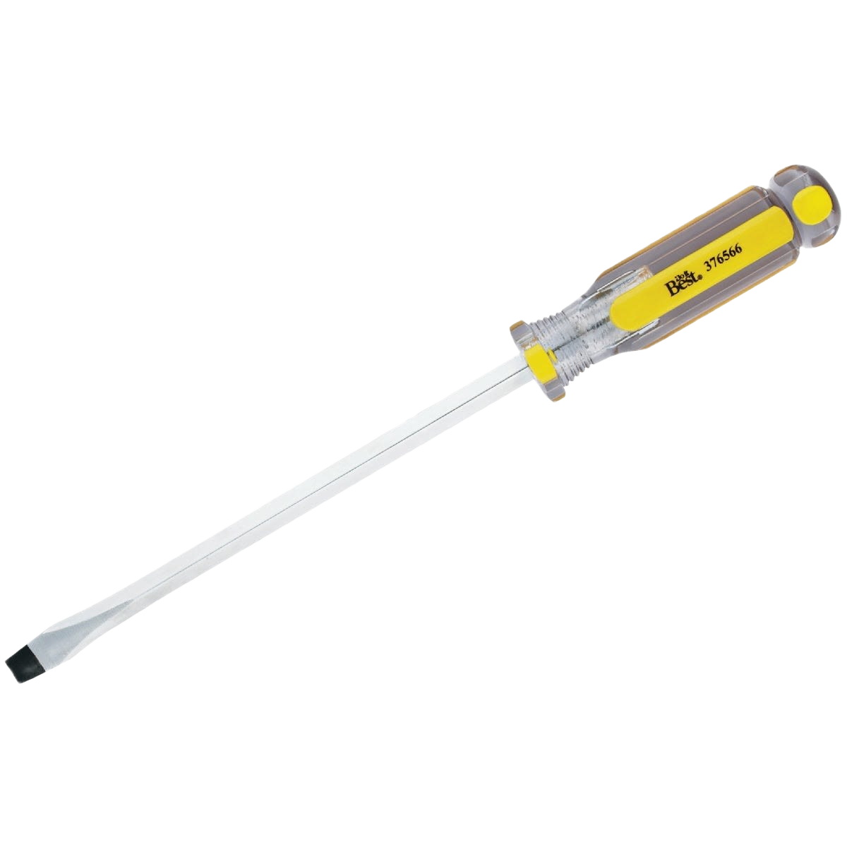 Slotted screwdriver with yellow and gray handle designed for home improvement and general tool use.