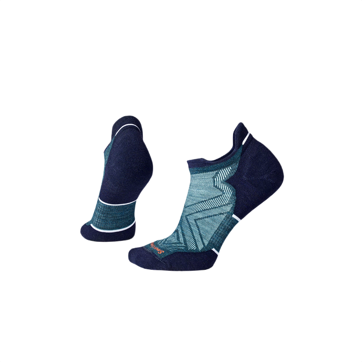 Pair of low ankle socks in twilight blue with targeted cushioning and geometric knit pattern for comfort and support