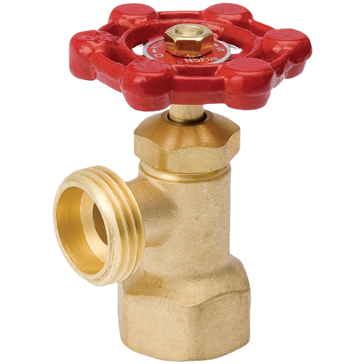 Brass boiler drain valve with 3/4 inch hose thread and red wheel handle for plumbing and home improvement tasks