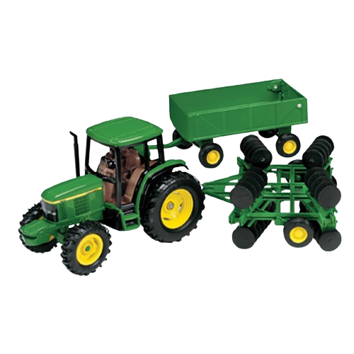Green toy tractor with yellow wheels, barge wagon, and disk attachment from Vehicles & Remote Controlled Toys collection