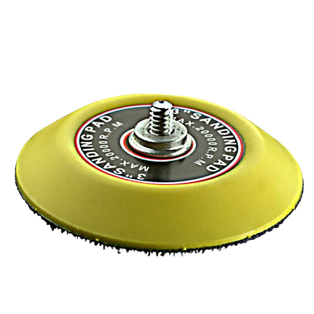 Yellow Grex sanding pad attachment with threaded metal center for power tool use in home improvement tasks