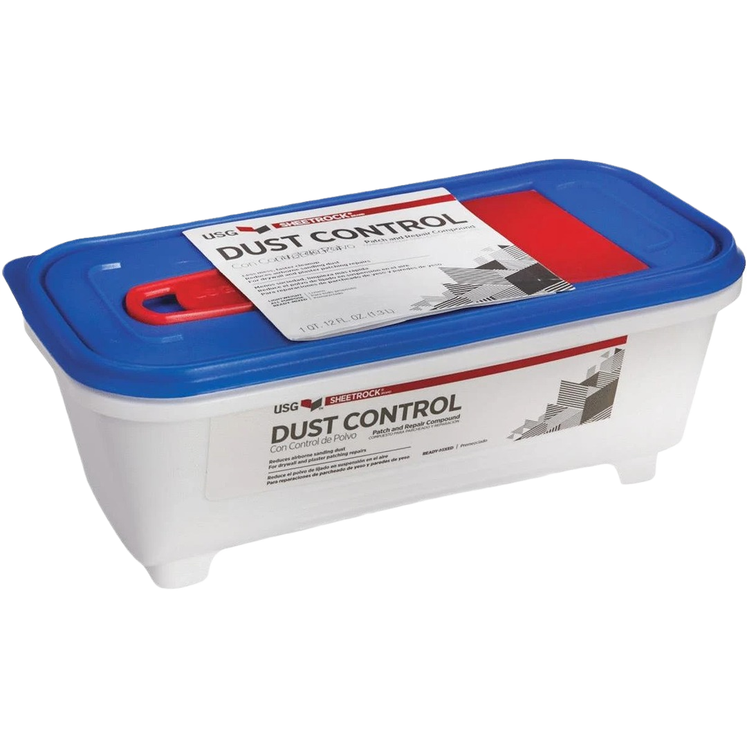 White plastic container with blue lid holding dust control patch and repair compound for home improvement projects