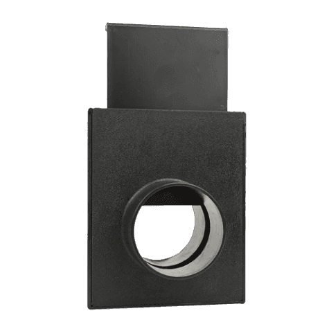 Black plastic blast gate with 2-1/2 inch duct opening for dust collection in woodworking tools and air filtration.