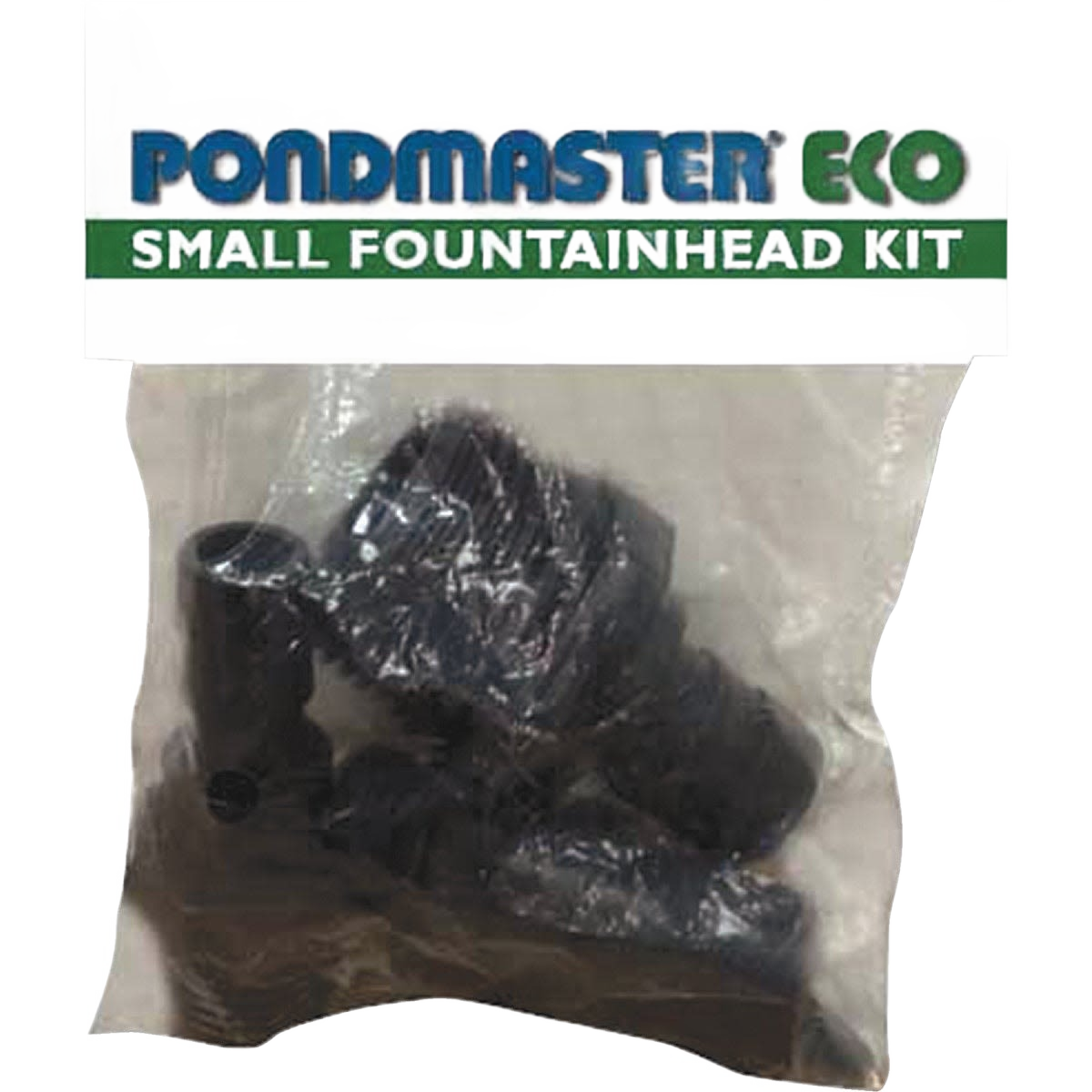 Clear plastic bag packaging containing small black fountain head nozzle parts for lawn and garden watering and irrigation projects