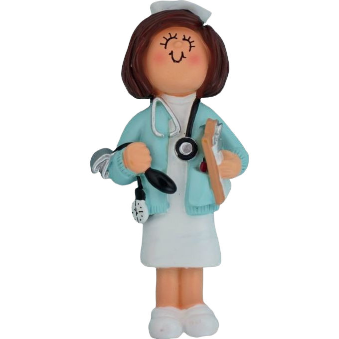 Brunette female nurse figurine with stethoscope and clipboard holiday ornament from Christmas decorations under 50 collection