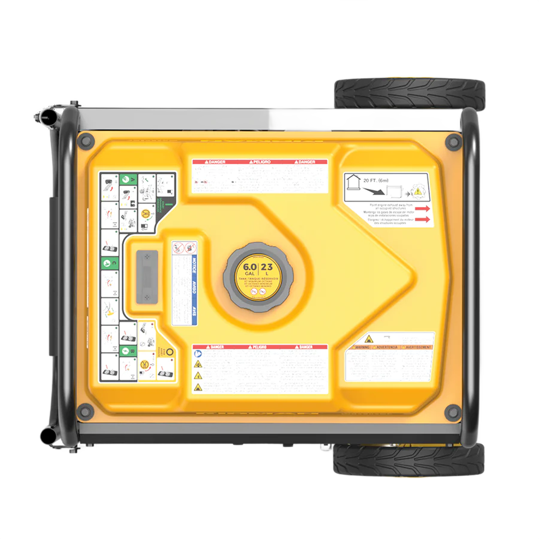 Yellow and black open frame portable generator top view showing fuel tank and safety instruction labels for tools and home improvement use