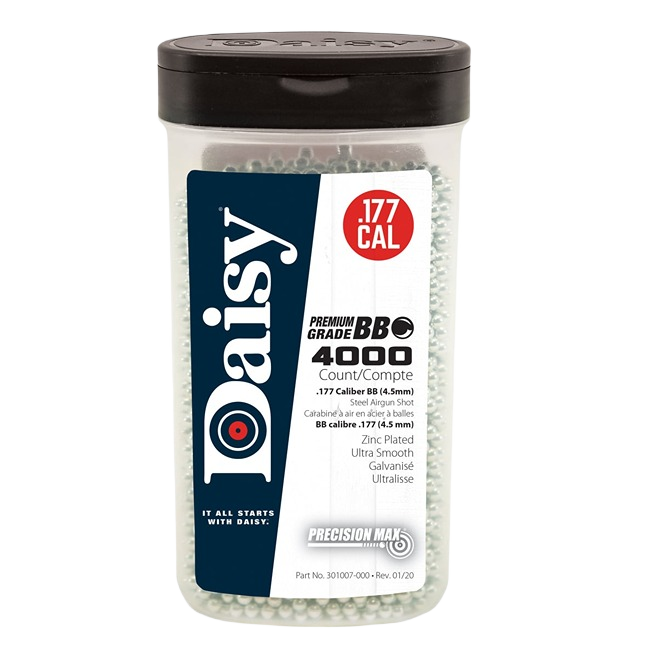 Clear plastic bottle of Daisy precision .177 caliber BB ammo with black lid and product label for tools and home improvement tasks