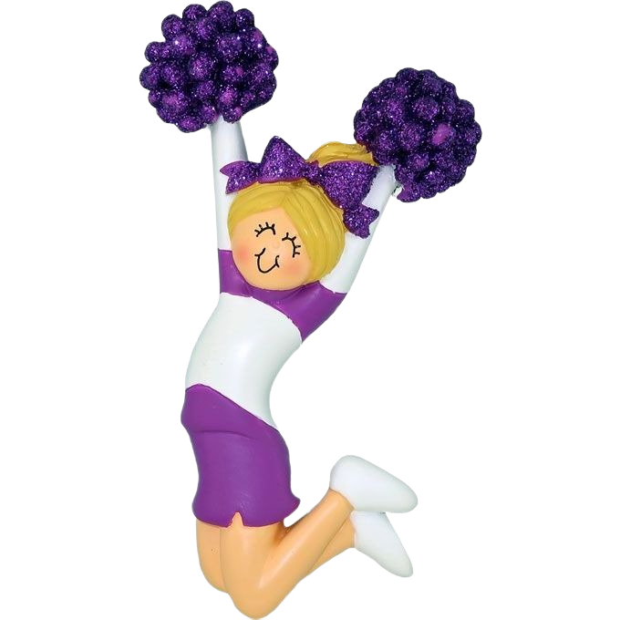 Blonde cheerleader ornament in purple uniform holding glittery pom-poms from Christmas Ornaments & Tree Decorations under $50
