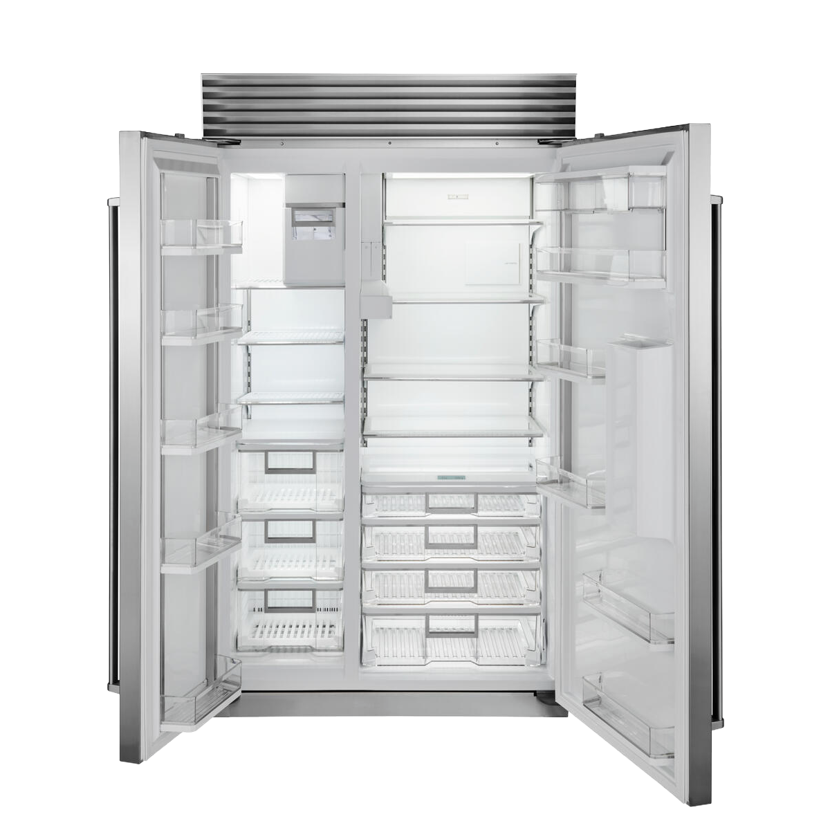 Open stainless steel side-by-side refrigerator with dispenser, multiple shelves and clear door bins in kitchen appliance collection