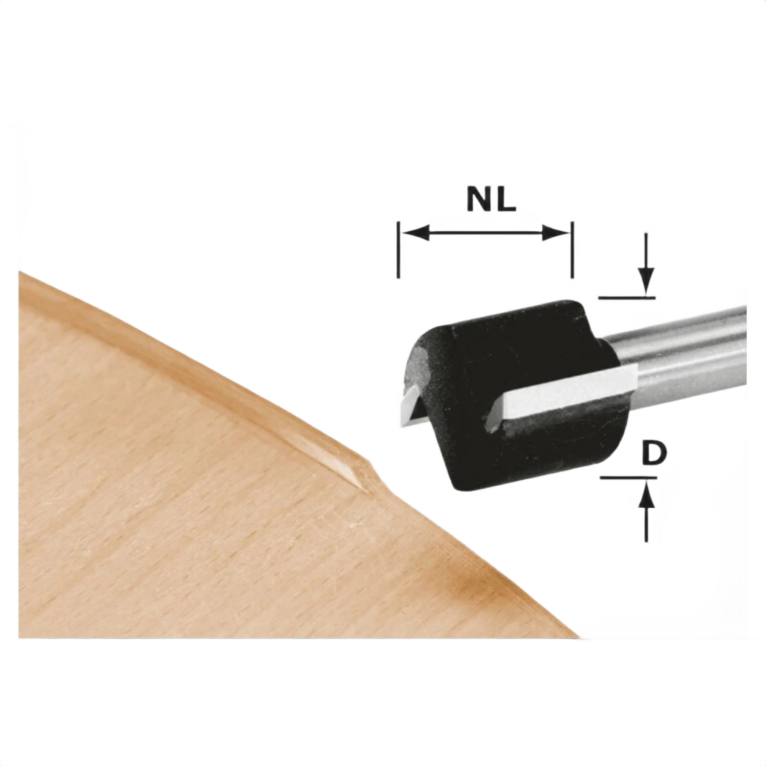 Straight edge trimming router bit cutting smooth beveled edge on wood for woodworking and power tool accessories.