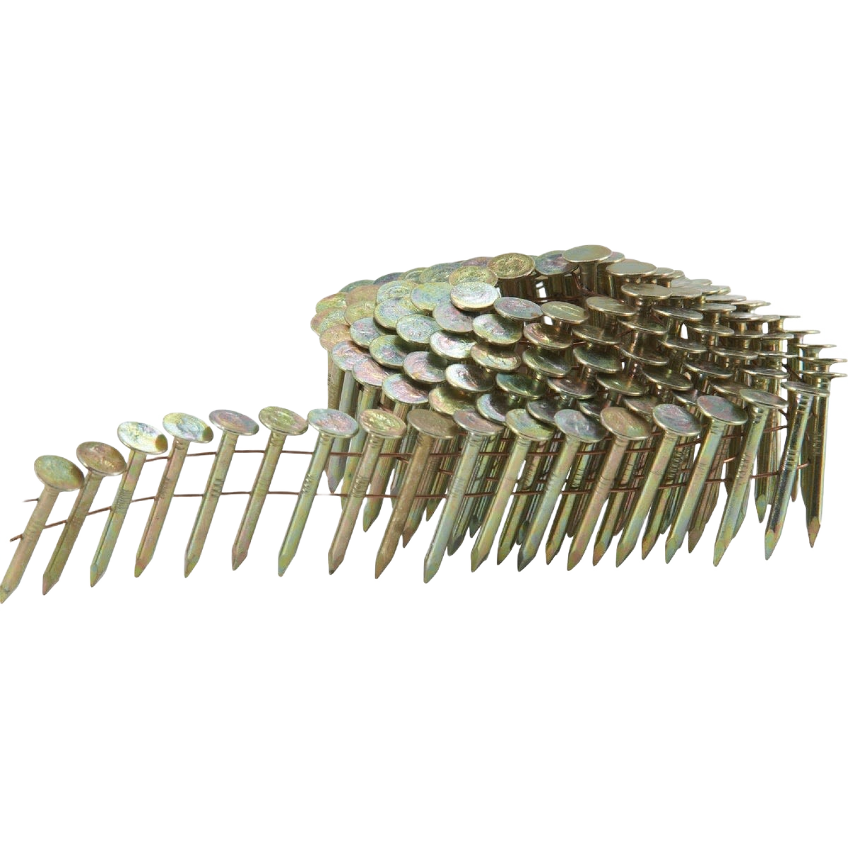 Electrogalvanized coil roofing nails with angled shank arranged in strips for tools and home improvement use
