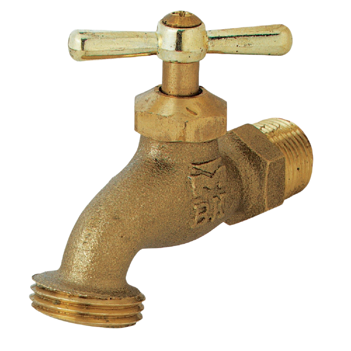 Brass hose bibb with metal handle and threaded inlet and outlet for tools and home improvement use
