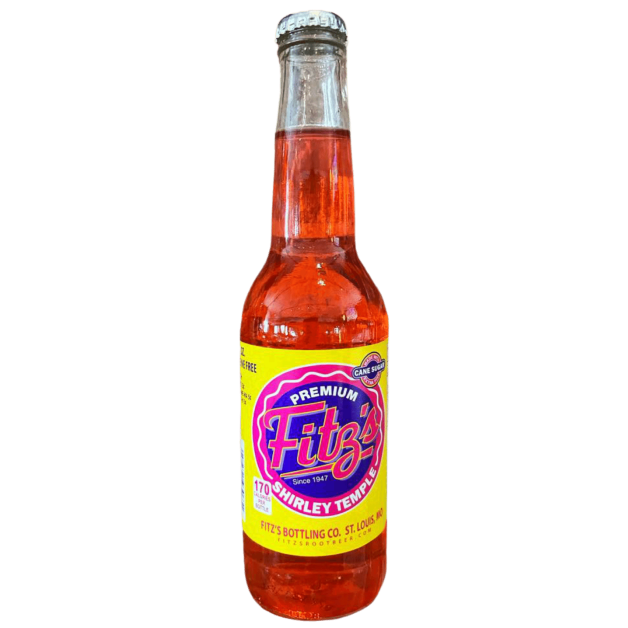 Glass bottle of bright red Fitz's Shirley Temple soda with yellow and blue branded label and metal cap