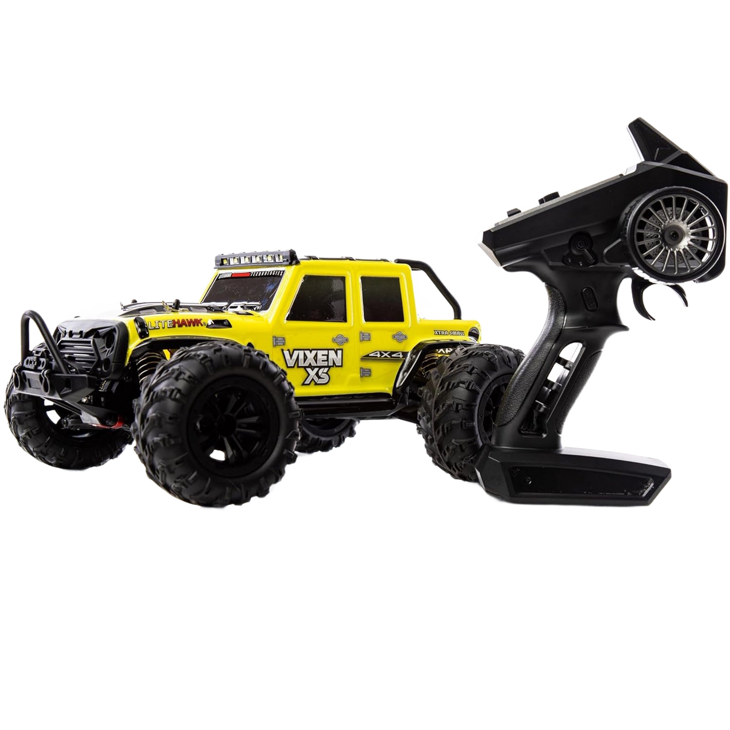 Yellow and black 4WD remote-controlled car with large tires and handheld radio controller in toys and games collection